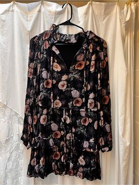 Floral Ruffle Tiered Long-Sleeve Mini Dress - Black/Pink